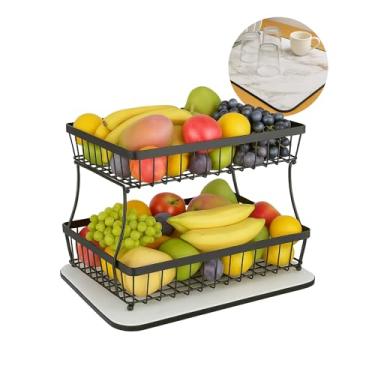 Imagem de Kit Fruteira De Mesa Com 2 Cestos Empilháveis + Tapete Absorvente, Organizador De Mesa Para Frutas E Legumes, Organização De Cozinha, Design Moderno, Estrutura Em Ferro Resistente, Montagem Fácil