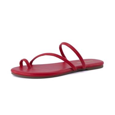 Imagem de CUSHIONAIRE Sandálias femininas Resort com tiras de couro vegano, espuma viscoelástica rasteiras com anel de dedo do pé, Vermelho, 38