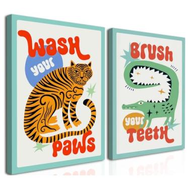 Imagem de Arte de parede de banheiro infantil engraçada, pinturas de decoração de parede de banheiro de animais fofos, impressão em tela de pôster eclético tigre lave suas patas para vaso sanitário emoldurado