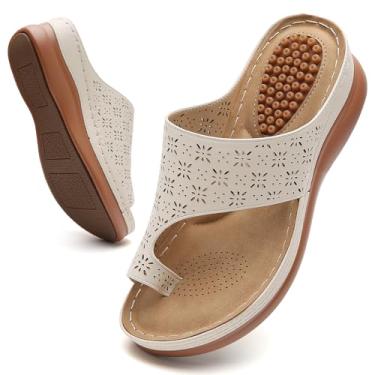 Imagem de Tilocow Sandálias femininas de salto plataforma ortopédicas confortáveis com suporte de arco sandálias femininas estilo cunha verão elegante chinelos casuais joanetes respiráveis, Bege, 36