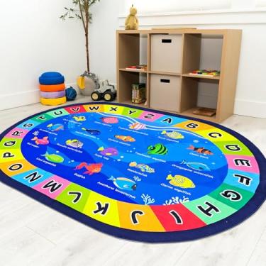 Imagem de USTIDE Tapete oval grande infantil 15,8 x 23,5 cm, alfabeto ABC, educativo e divertido, tapete de sala de aula, antiderrapante, lavável, oceano, tapete de aprendizagem para sala de jogos, quarto de
