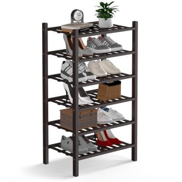 Imagem de Haddockway Pequeno organizador de armazenamento de sapatos de bambu de 6 níveis, prateleira empilhável multifuncional com painel de grade para armário, corredor, entrada, espaço pequeno 46 x 28 x 86