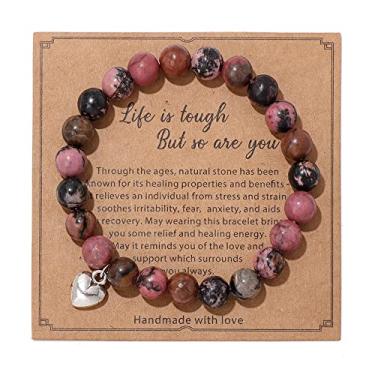 Imagem de Pulseira de ametista coração de pedra natural Life is Tough But So Are You Presentes inspiradores 8 mm contas de cristal para ioga joias elásticas para presente de cura, Cristal Pedra, Sem Pedra