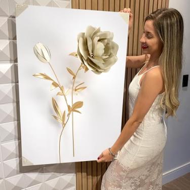 Imagem de Quadro Decorativo Canvas Flores Brancas e Douradas Vertical (CAN1223)