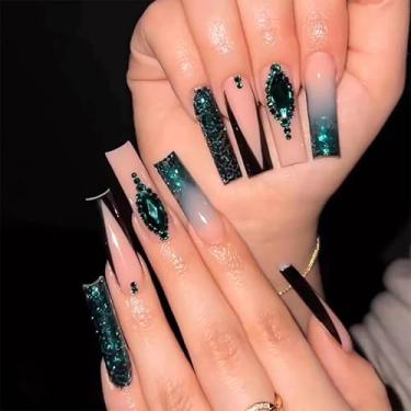 Imagem de RUOKEXIN Pregos postiços pretos pretos com ponta francesa com glitter verde com design de strass, cola completa nas unhas, unhas artificiais brilhantes, 24 peças
