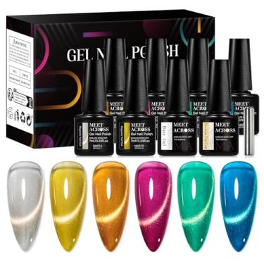 Imagem de MEET ACROSS Conjunto de esmalte de gel para olhos de gato com glitter, 8 peças, kit de esmalte de gel de olho de gato de cristal dourado outono verde azul kit de manicure em gel presente para mulheres