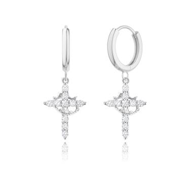 Imagem de Robaice Brincos de coroa de ouro para mulheres - Brincos de argola banhados a ouro 14K com pingente de cruz de diamante de zircônia cúbica, joias religiosas cristãs presentes para ela, Medium, Latão