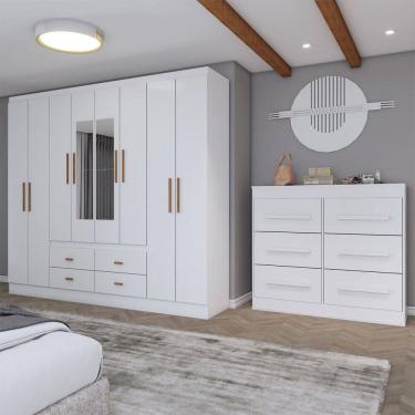Imagem de Guarda-Roupa Casal Europa 8 Portas 4 Gavetas e Cômoda 6 Gavetas com Espelho Branco - Panorama Móveis