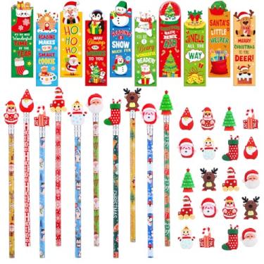 Imagem de Tenceur 120 peças de marcadores de página e lápis perfumados de Natal para arranhar e cheirar com lindos topos de árvore de Natal, alce, presente perfumado sortido para estudo de leitura (fofo)