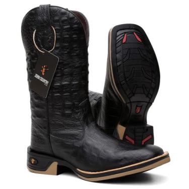 Imagem de Bota Texana Masculina Couro Estilo Jacaré Exótico Preta Sola Borracha 