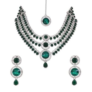 Imagem de I Jewels Colar de pedra redonda de várias camadas de casamento indiano banhado a prata com brincos e conjunto Maang Tikka para mulheres (J409ZG)