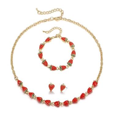 Imagem de Crysdue Conjunto de joias de morango, colar fofo de morango, brincos, pulseira, bijuteria de fantasia de Halloween para mulheres, Metal, Sem Pedra Preciosa