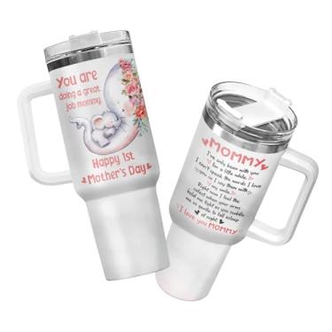 Imagem de 34HD Presentes para o primeiro dia das mães, copo de elefante com alça e canudo de aço inoxidável 1,134 g, presentes fofos de animais de bebê para mamãe, caneca de viagem e café