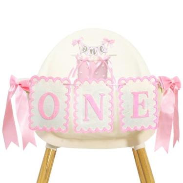 Imagem de WODCM Faixa de cadeira alta com laço rosa e branco, enfeite de bolo, guirlanda de cadeira alta com laço rosa doce, um acessório para foto de cadeira alta de feliz aniversário