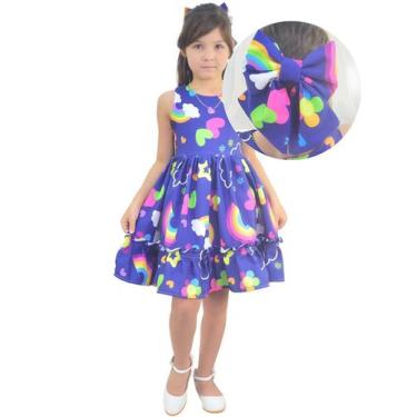 Imagem de Vestido Infantil Arco-íris E Nuvens Casual Elegante + Enfeite de Cabel