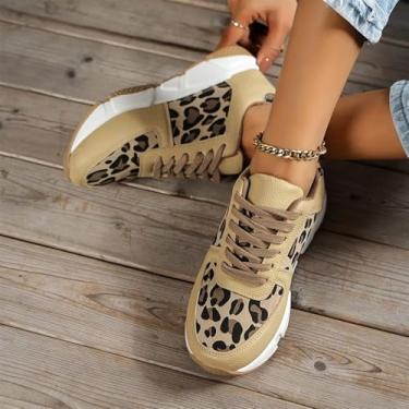 Imagem de Mulheres Moda Leopardo Padrão Tênis Casual Slip On Low Top Lace-up Flat Round Toe Shoes Non-slip Platform Walking Shoes