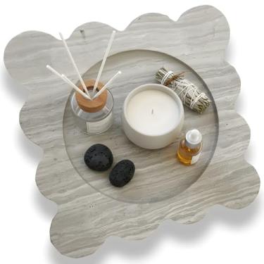 Imagem de DACHUN Bandeja de mármore natural, organizador de banheiro e decoração de balcão de cozinha, bandeja de armazenamento de pedra para velas de maquiagem de joias de perfume (grão de madeira cinza)