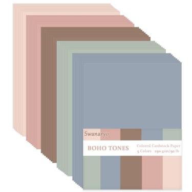 Imagem de 100 folhas de cartolina colorida 8,5 x 11, 41,7 kg/250 g/m², 5 tons boho sortidos, dupla face, papel de construção grosso pesado para artesanato, faça cartões faça-você-mesmo, decoração de scrapbook