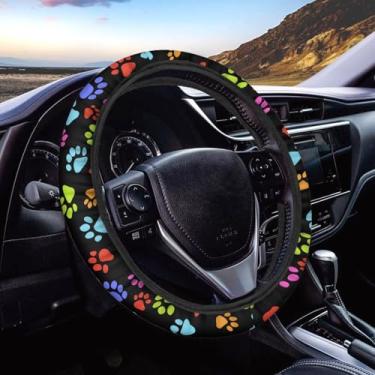Imagem de Qpednta Capa de volante de carro com estampa de pata de cachorro colorida fácil de instalar volante universal elástico na moda interior automotivo serve na maioria dos carros, caminhões, SUV ou van