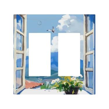 Imagem de Cenário fora da janela 2 Gang duplo GFCI Rocker/Decorator Light Switch Cover Plate Placas decorativas de parede placa elétrica para quarto banheiro decoração de casa 12,4 cm x 12,7 cm
