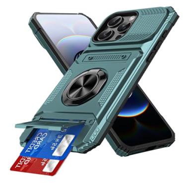 Imagem de COTDINFOR Capa carteira compatível com iPhone 13 Pro Max com suporte para cartão (2 cartões) suporte de anel de proteção de grau militar à prova de choque para iPhone 13 Pro Max 6,7 polegadas verde LM