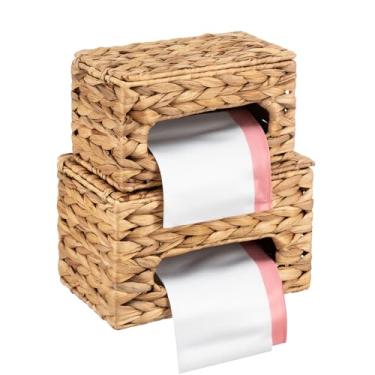 Imagem de Sawysine Pacote com 2 suportes de saco de lixo de tecido com tampa, suporte de parede, dispensador de saco de lixo natural, organizador de saco de lixo empilhável extra grande para cozinha, armário de