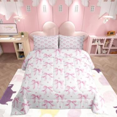 Imagem de Feelyou Conjunto de edredom com laço rosa, tamanho solteiro, para meninas, com laço, para quarto de crianças, meninos, meninas, estilo princesa, sonhador, microfibra, ultramacia e respirável