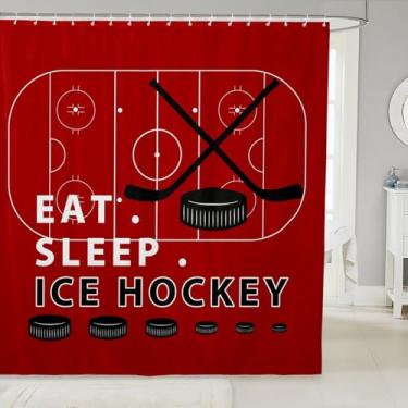 Imagem de Erosebridal Decoração de banheiro de hóquei para meninos e crianças, conjunto de cortina de chuveiro esportiva vermelha e preta para meninos e meninas, conjunto de banheiro com disco de hóquei no gelo