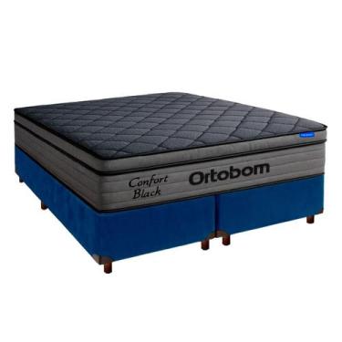 Imagem de Cama Box Azul + Colchão King Confort Black Espuma Soft Gel Ortobom