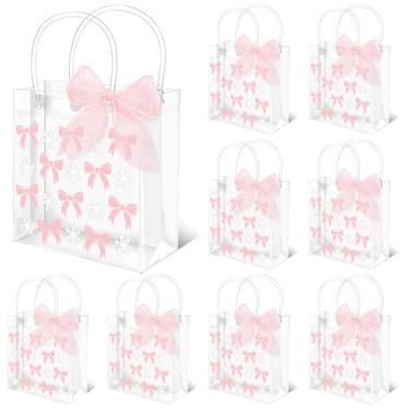 Imagem de FYSUIMU 12 peças de sacos de presente de PVC transparente de inverno, sacolas de lembrancinha de festa com alças de laço rosa de floco de neve com fita para Natal, Natal, feriado, aniversário