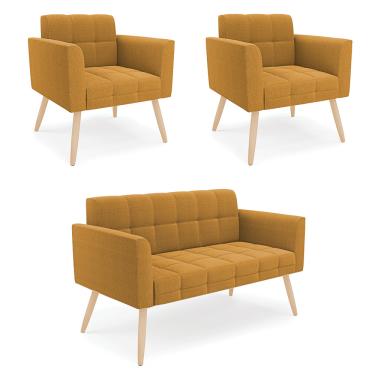 Imagem de Namoradeira e 2 Poltronas Pé Palito Natural Elisa Bouclê Mostarda D03 - D?Rossi