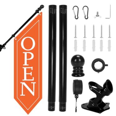 Imagem de Kit de bandeira aberta com mastro - Banner aberto de lona resistente para loja comercial, placa dupla face externa de 106 x 30 cm com suporte - Sinalização publicitária para varejo e lojas (laranja)