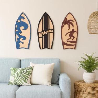 Imagem de Kit 3 Pranchas Decorativas Praianas em Bambu e Relevo 3D Colorido para Sala Quarto Escritório