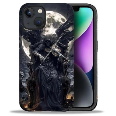 Imagem de WANKBLC Capa fosca compatível com iPhone 13 14 para meninas e meninos, design de corpo inteiro, silicone macio, proteção contra arranhões, padrão maluco, preto, Grim Reaper, violino, asas e lua