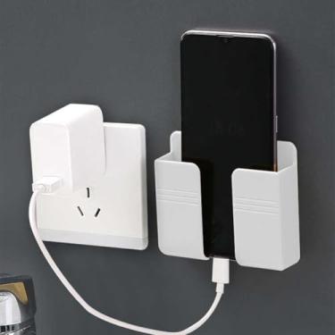 Imagem de 1 peça de suporte de telefone adesivo montado na parede com orifício para cabo de dados e caixa de armazenamento: ideal para quarto, cozinha, banheiro, escritório (branco)