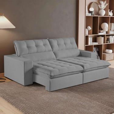 Imagem de Sofá Retrátil E Reclinável Oregon 2,90m Linho Cor Cinza 2323 Usb Com Kit Usb