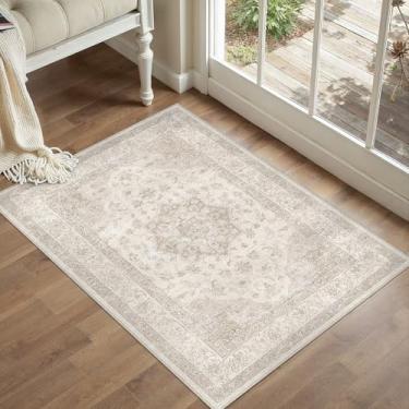 Imagem de PureCozy Tapete de área bege, 5 x 7 cm, lavável, vintage, pequeno para entrada, cozinha, macio, retrô, camada baixa, tapete de porta fino, antiderrapante, para banheiro, escritório, quarto, sala de