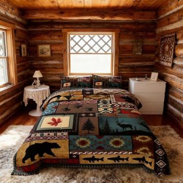 Imagem de Conjunto de cama de cabana rústica King Size, conjuntos de cama de urso de cabana, edredom sudoeste, alce, veado, campo, fazenda, animal, vida selvagem, caça, marrom, patchwork, xadrez, colcha, 2