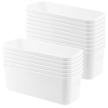 Imagem de MAHIONG Pacote com 15 caixas de armazenamento de plástico branco com alças, caixas de organização de banheiro longas versáteis cesta de armazenamento de despensa, organizador de banheiro estreito sob