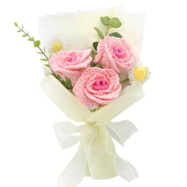 Imagem de FUCAN Flores de crochê, buquê de flores de fio de algodão de crochê acabado, folha de samambaia de tulipa rosa de crochê feito à mão como presente para amantes, amigos. Flor artificial (rosa gradiente
