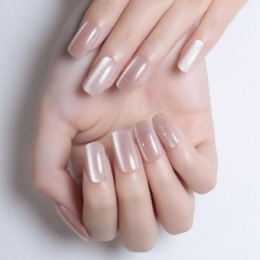 Imagem de Pressionador de olho de gato claro em unhas quadradas médias, quadradas médias, cola gelatinosa cromada para mulheres, presente para mulheres, nude, holográfico, glitter, brilhante, reutilizável