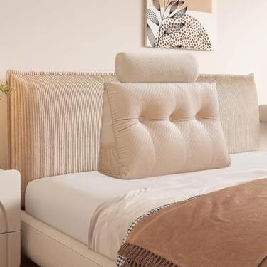 Imagem de Almofada triangular de veludo, almofada de cabeceira com capa removível para sofá-cama, suporte para posicionamento do encosto, almofada de descanso e leitura relaxante (bege com almofada de rolo