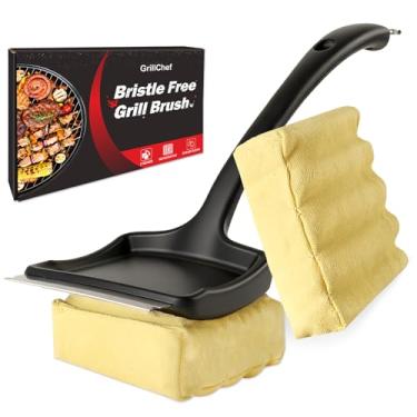 Imagem de GrillChef Escova de grelha sem cerdas, escova de limpeza de churrasco com cabeça ondulada de substituição, cabo de 45 cm de comprimento, ferramenta raspadora sem costura para ferro fundido, grades de