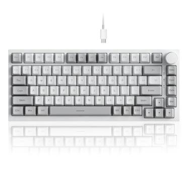 Imagem de FIRSTBLOOD ONLY GAME. Teclado mecânico com fio AK820, layout cinza e branco, teclado USB para jogos com interruptores vermelhos, botão de teclas multimídia, retroiluminado branco