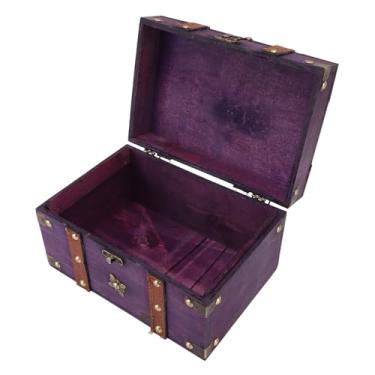 Imagem de Asixxsix Baú do Tesouro em Madeira,Componentes em Metal e Pele,Baú do Tesouro Vintage em Madeira,Caixa Organizadora de Joias que Poupa Espaço com Forro Acolchoado em VeludoparaJoias (Roxa)