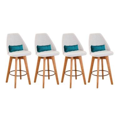 Imagem de Kit 04 Banquetas Alta Maya Giratória Com Encosto Linho Bege Claro e Almofada Corino Azul Turquesa - Aurora Line
