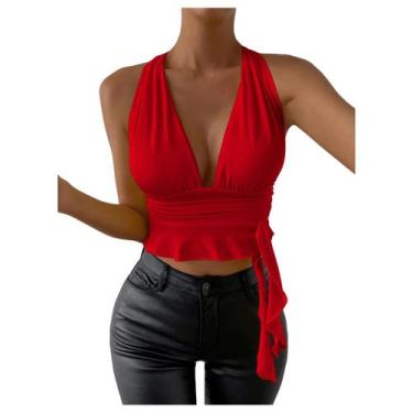 Imagem de Top curto SOLY HUX Sexy Deep V com decote em V vermelho para mulheres