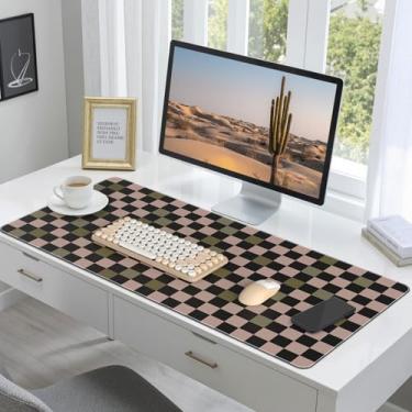 Imagem de HAOCOO Tapete de mesa xadrez, mouse pad antiderrapante para mesa, tapete de mesa impermeável para mesa, almofada de mesa de couro com borda costurada, teclado e mouse pad de 90 x 39,9 cm, protetor de