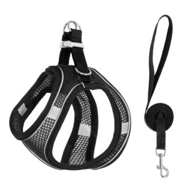 Imagem de Conjunto de arnês e coleira para gatos, colete macio e respirável com faixa refletiva, arnês à prova de escape, fácil de usar para gatos caminhando e viajando (preto, G)