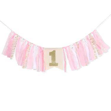 Imagem de Faixa rosa para cadeira alta de 1º aniversário - Decorações de aniversário de princesinha, doce aniversário, faixa dourada número 1, faixa de fita rosa, guirlanda de cadeira alta de primeira festa de
